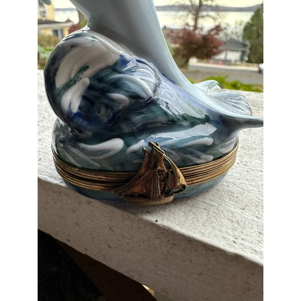 Limoges France Dubarry Dolphin Waves Trinket Box Sailboat Clasp Hand Painted
